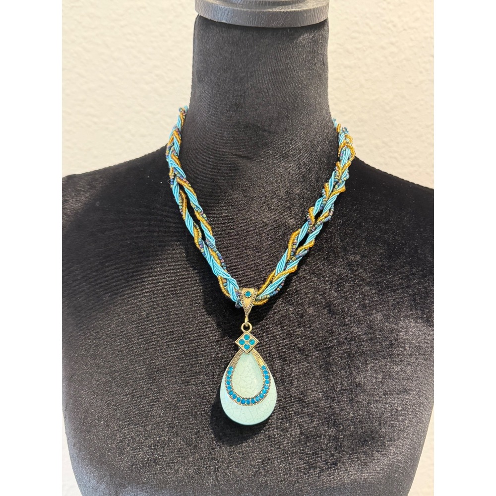 Boho Turquoise Blue Braided Multi Strand Bead Teardrop Pendant Necklace Gold